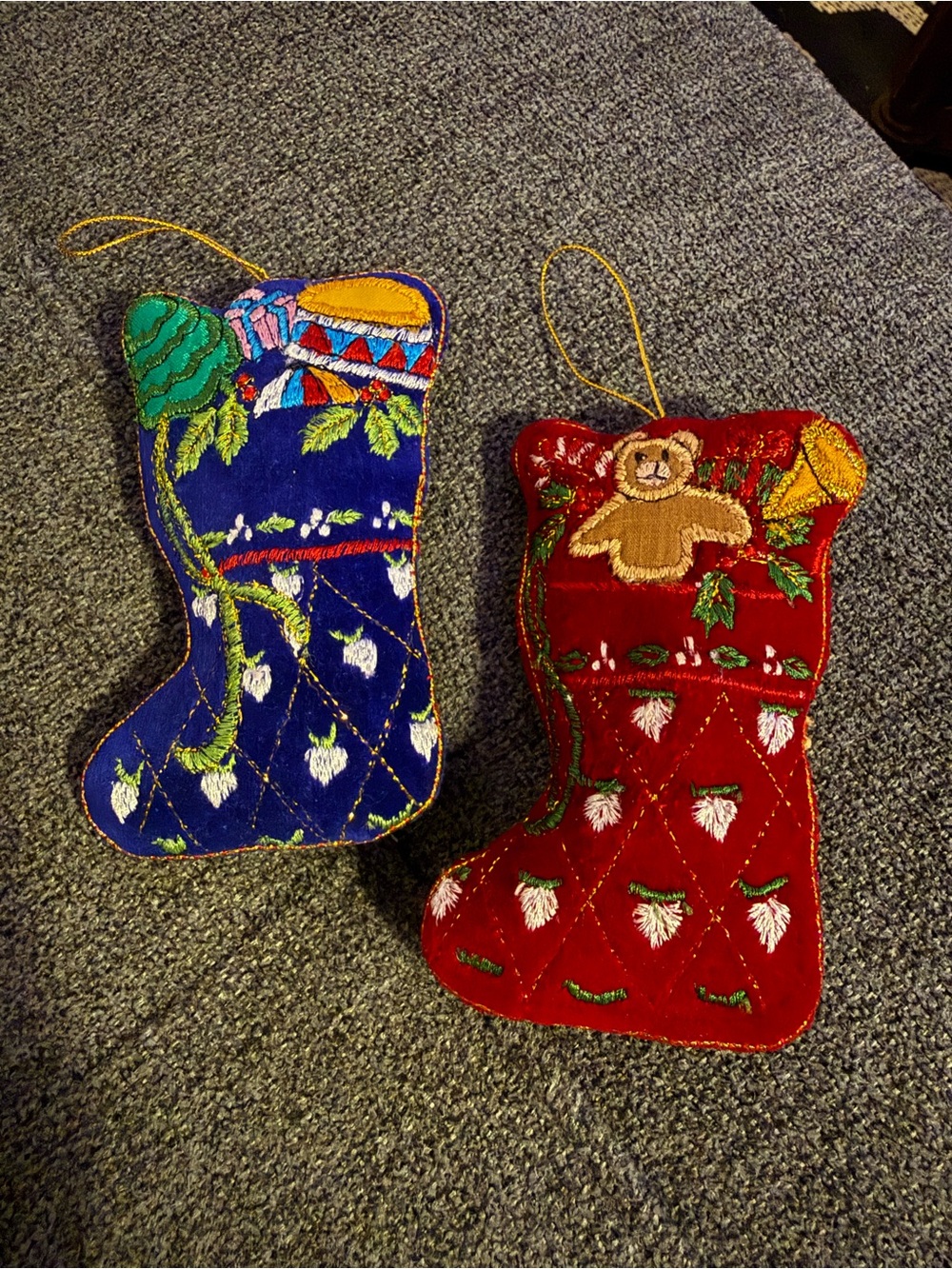 Mini Embroidered Stocking Ornaments "Velveteen" Set Of 2 Tree presents & Bear
